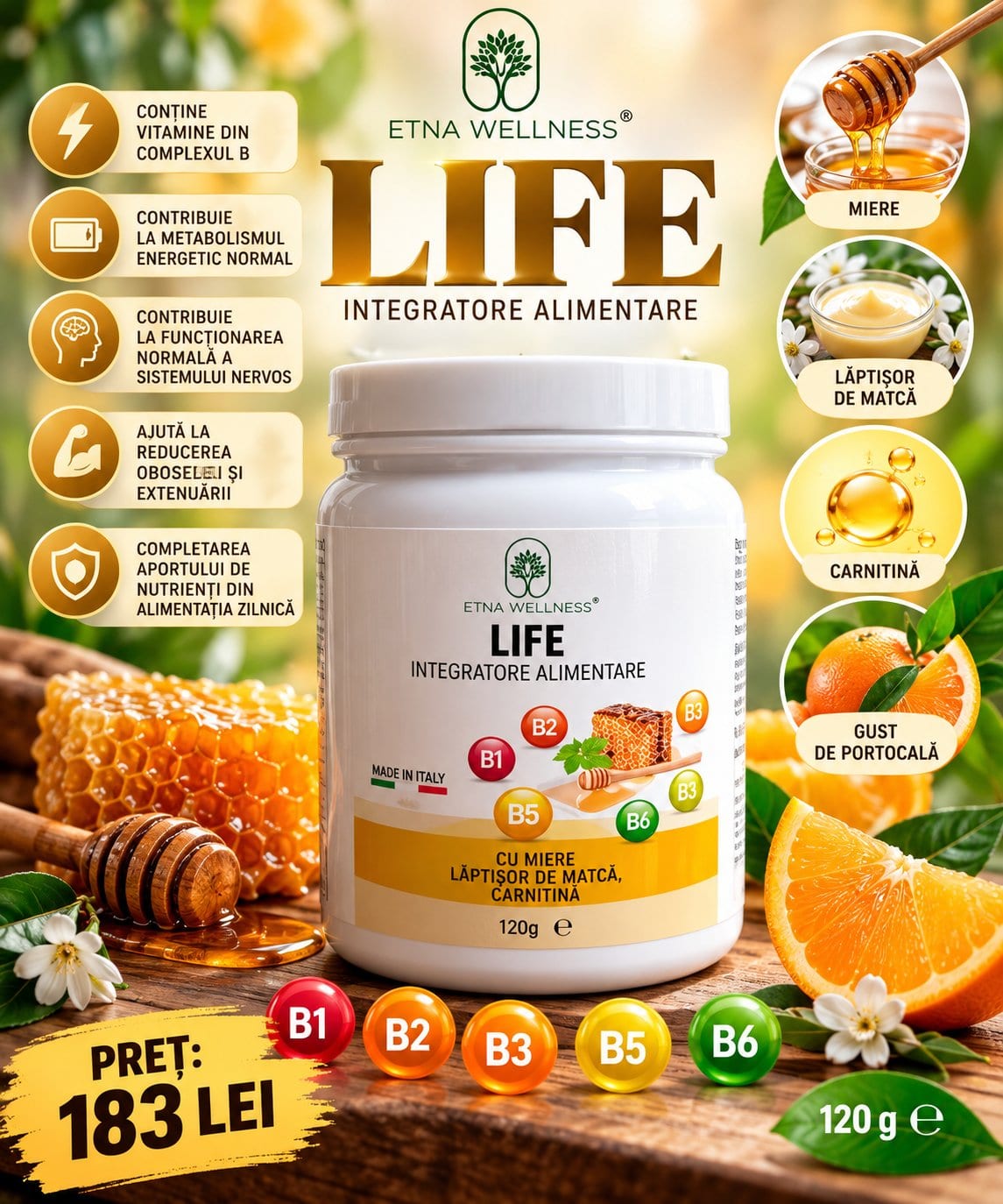 LIFE ETNA WELLNESS – 120 g | VITAMINE B, MIERE, LĂPTIȘOR DE MATCĂ ȘI CARNITINĂ