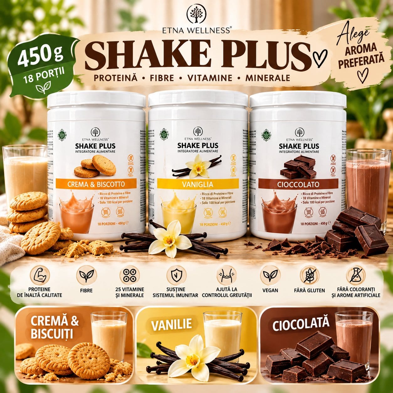 SHAKE PLUS ETNA WELLNESS – 450 g | 18 PORȚII | 3 AROME